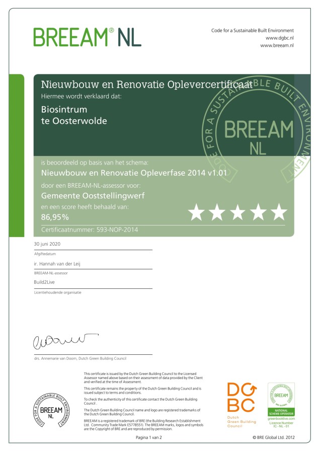 Foto: BREEAM outstanding certificaat Biosintrum