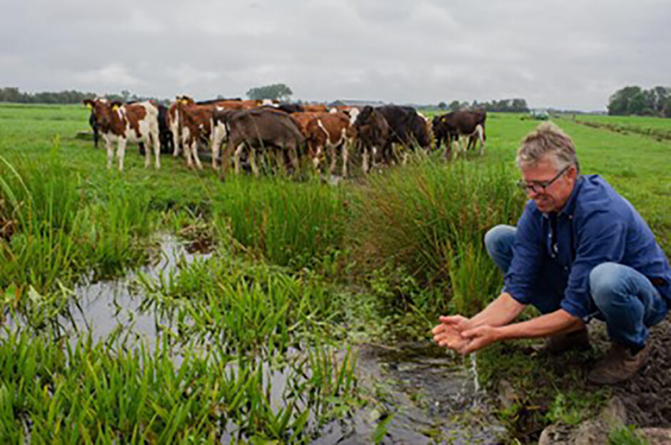 Sjoerd Miedema bij een sloot en jongvee