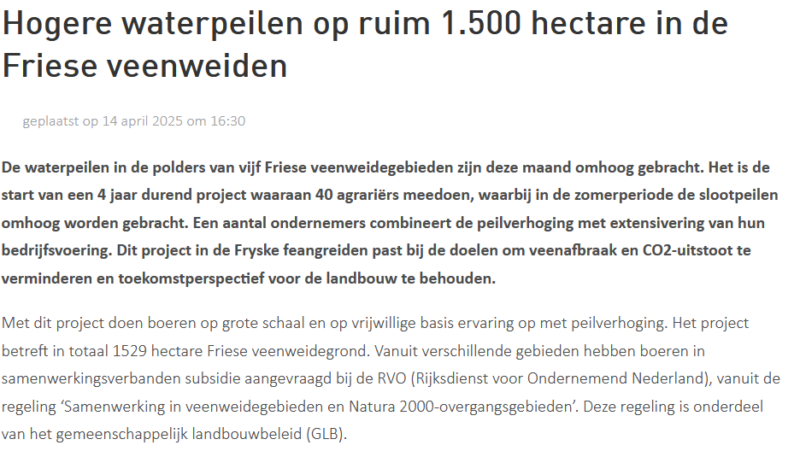Screenshot artikel hogere waterpeilen op ruim 1500 hectare in de Fries veenweiden